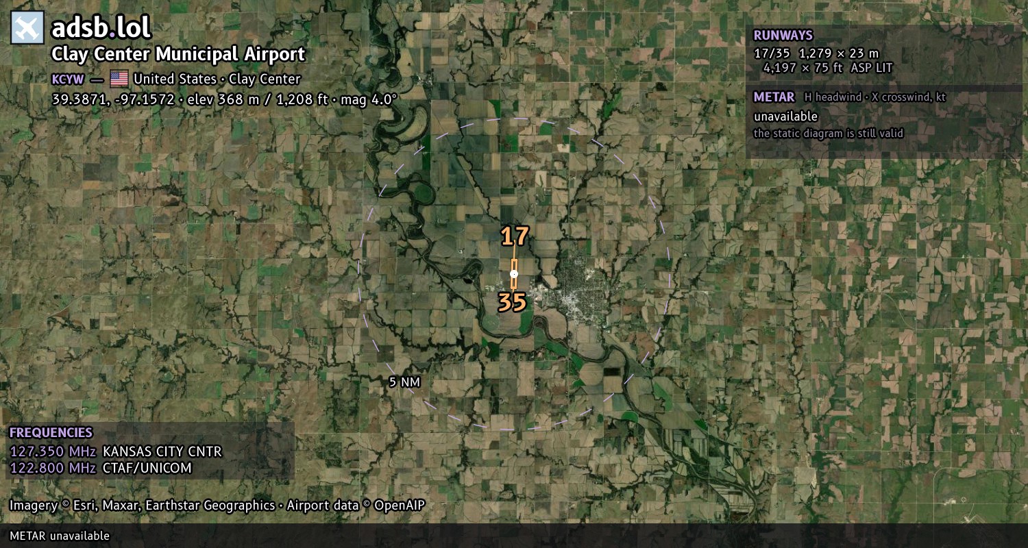 Satellite map with the runway layout of Clay Center Municipal Airport (KCYW)