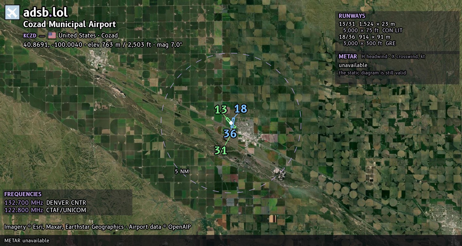 Satellite map with the runway layout of Cozad Municipal Airport (KCZD)