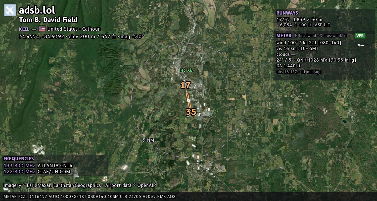 Satellite map with the runway layout of Tom B. David Field (KCZL)
