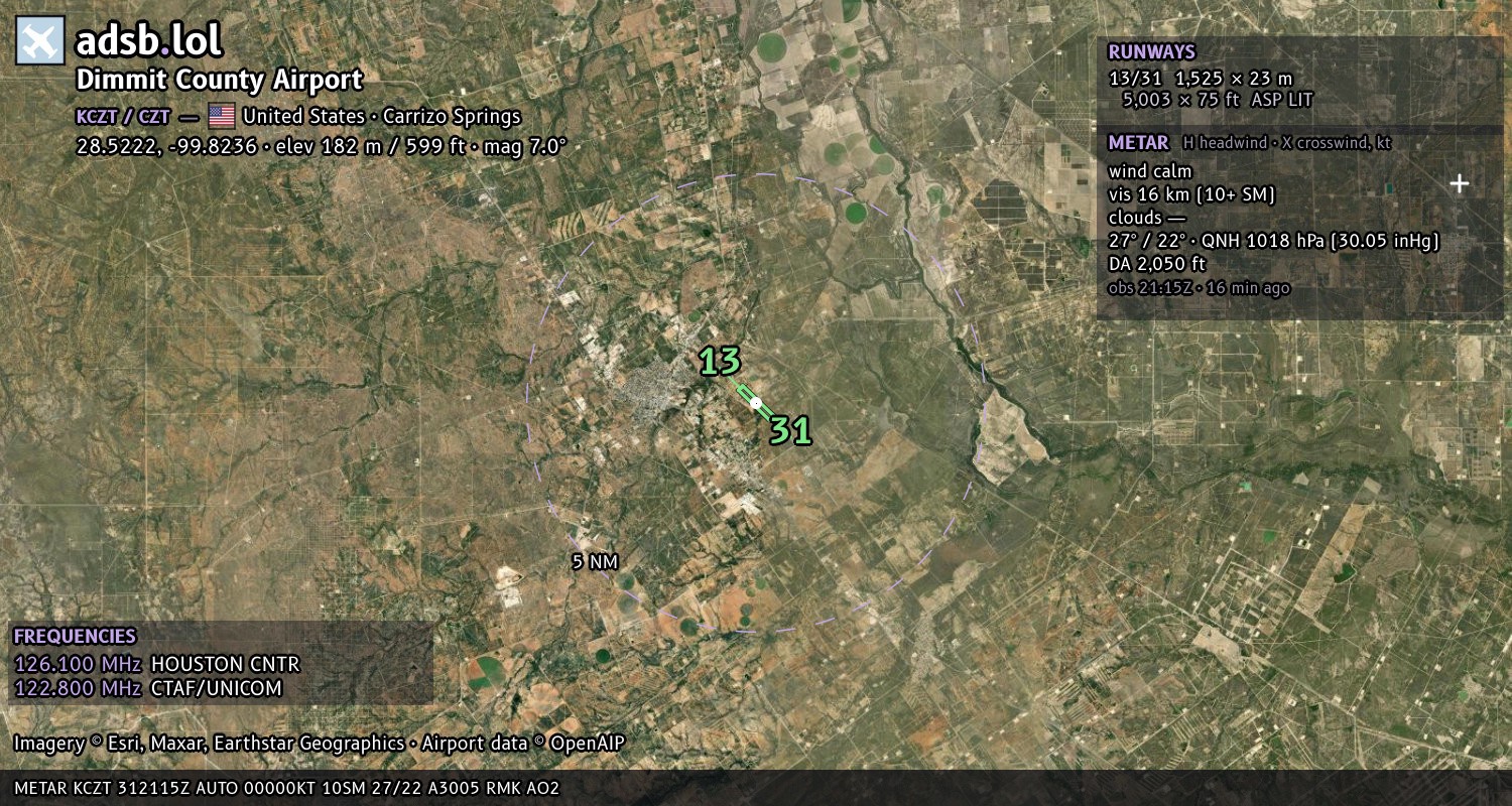 Satellite map with the runway layout of Dimmit County Airport (KCZT)