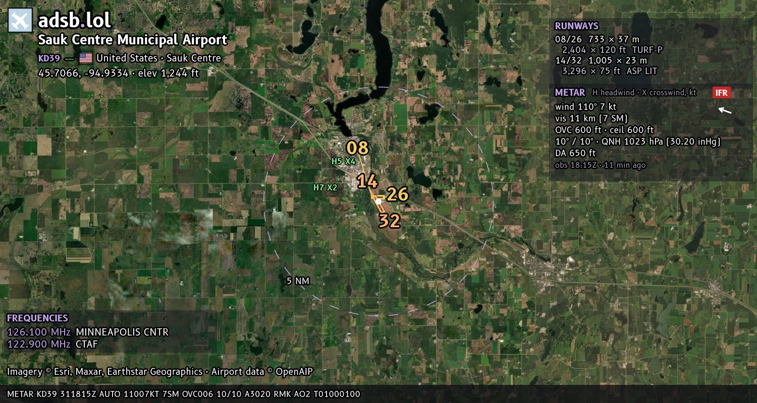 Satellite map with the runway layout of Sauk Centre Municipal Airport (KD39)
