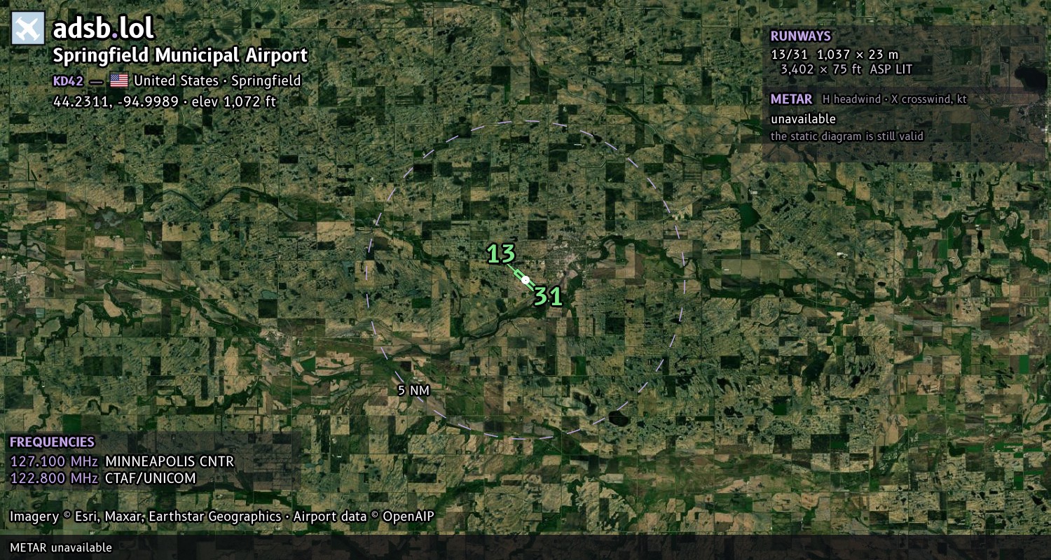 Satellite map with the runway layout of Springfield Municipal Airport (KD42)