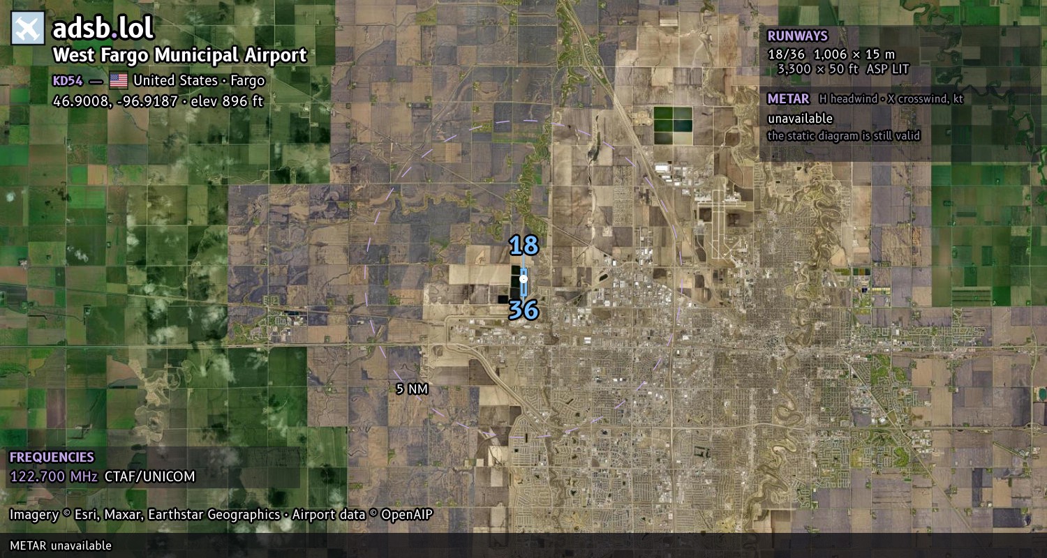 Satellite map with the runway layout of West Fargo Municipal Airport (KD54)