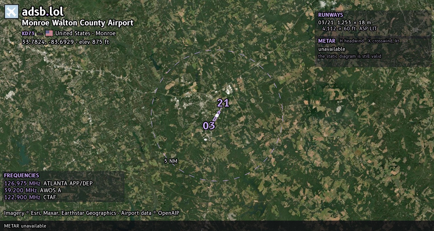 Satellite map with the runway layout of Monroe Walton County Airport (KD73)