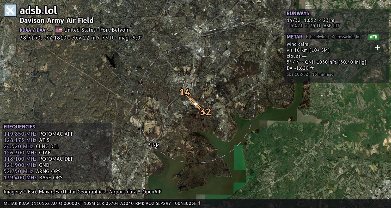 Satellite map with the runway layout of Davison Army Air Field (KDAA)