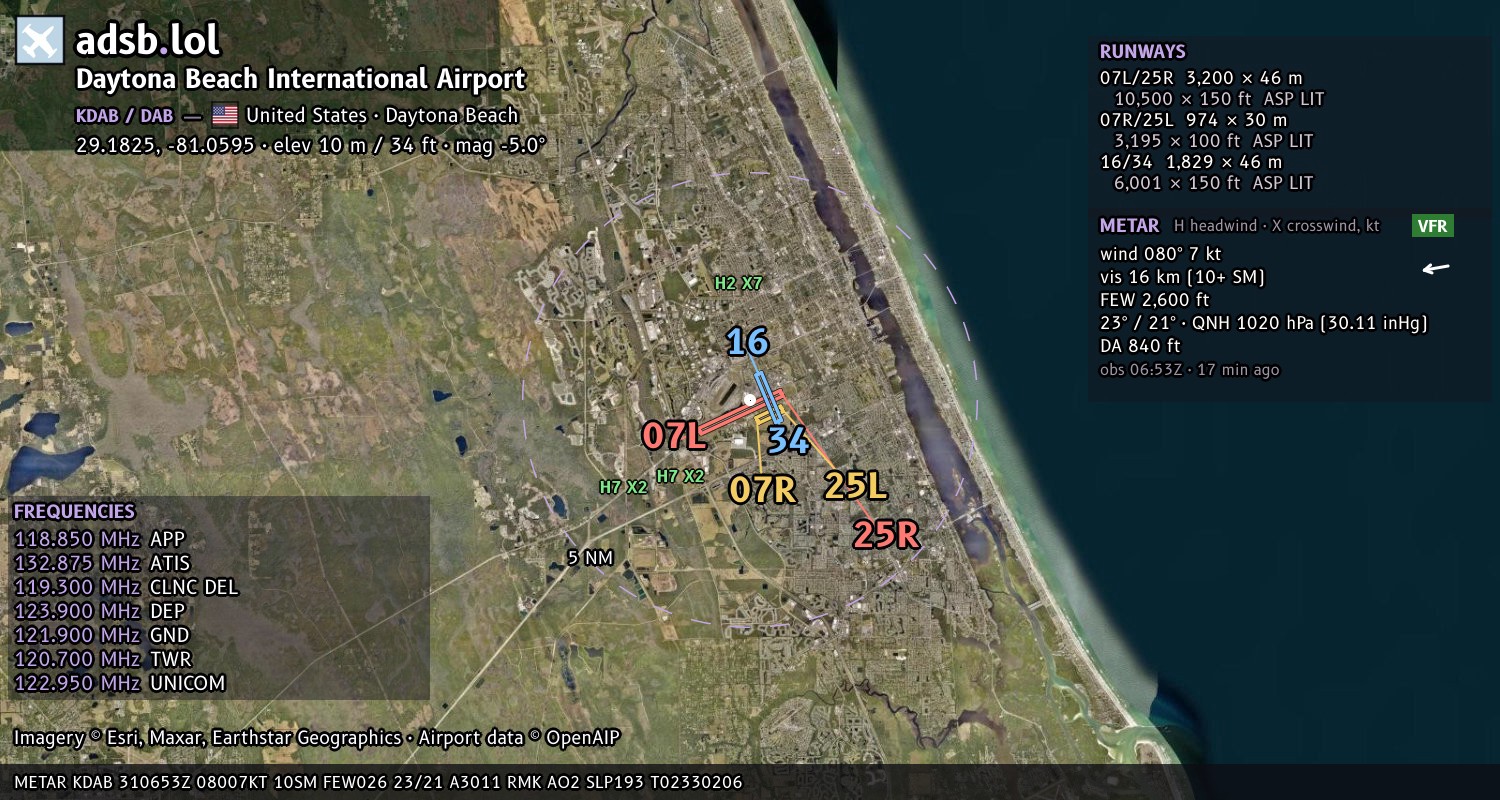 Satellite map with the runway layout of Daytona Beach International Airport (KDAB)