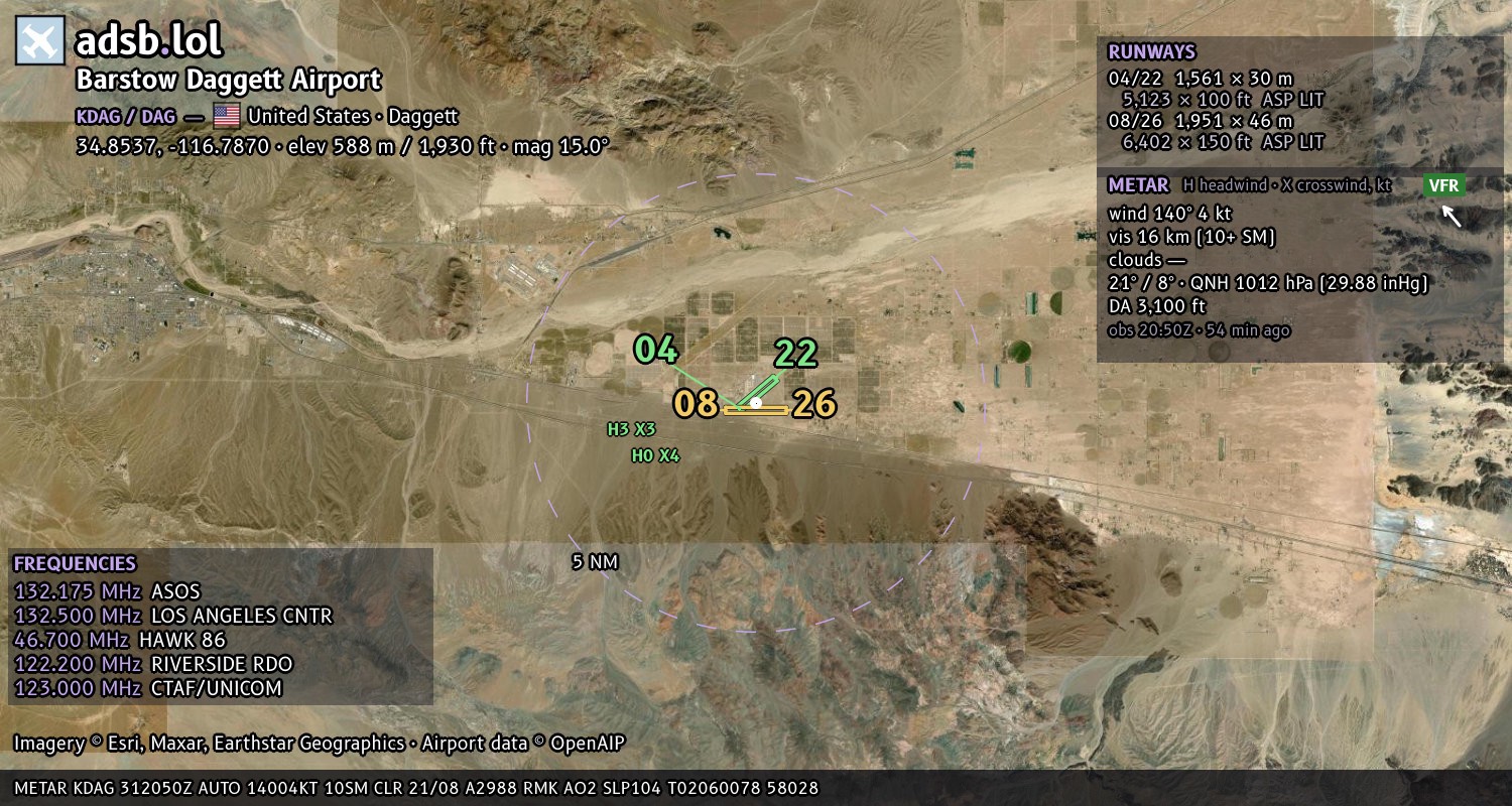 Satellite map with the runway layout of Barstow Daggett Airport (KDAG)