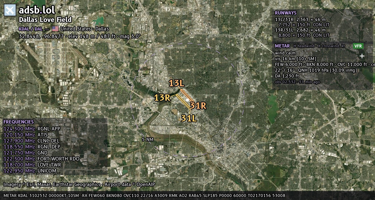 Satellite map with the runway layout of Dallas Love Field (KDAL)