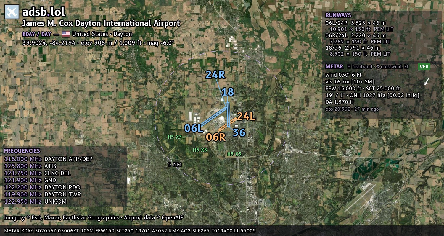 Satellite map with the runway layout of James M. Cox Dayton International Airport (KDAY)