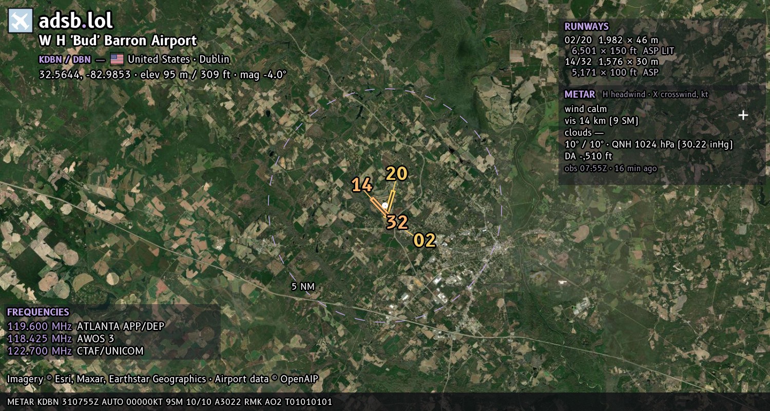 Satellite map with the runway layout of W H 'Bud' Barron Airport (KDBN)