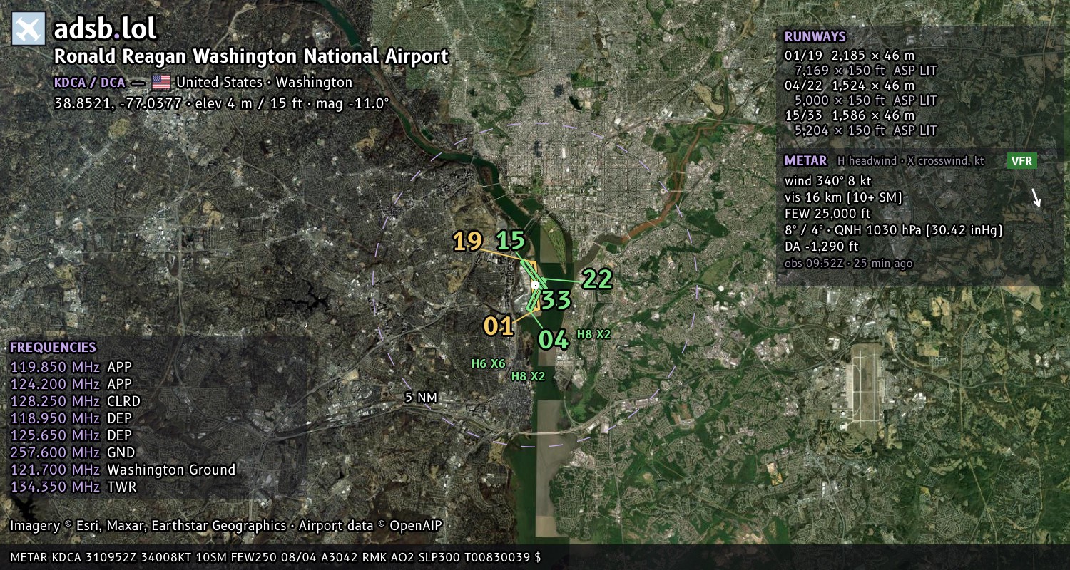 Satellite map with the runway layout of Ronald Reagan Washington National Airport (KDCA)