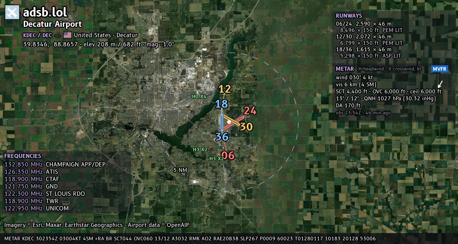 Satellite map with the runway layout of Decatur Airport (KDEC)