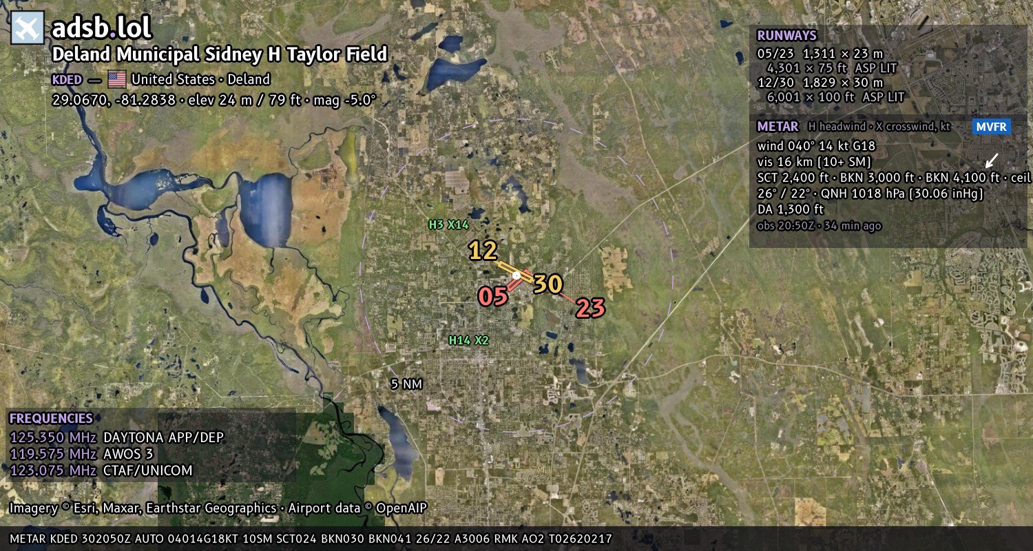 Satellite map with the runway layout of Deland Municipal Sidney H Taylor Field (KDED)
