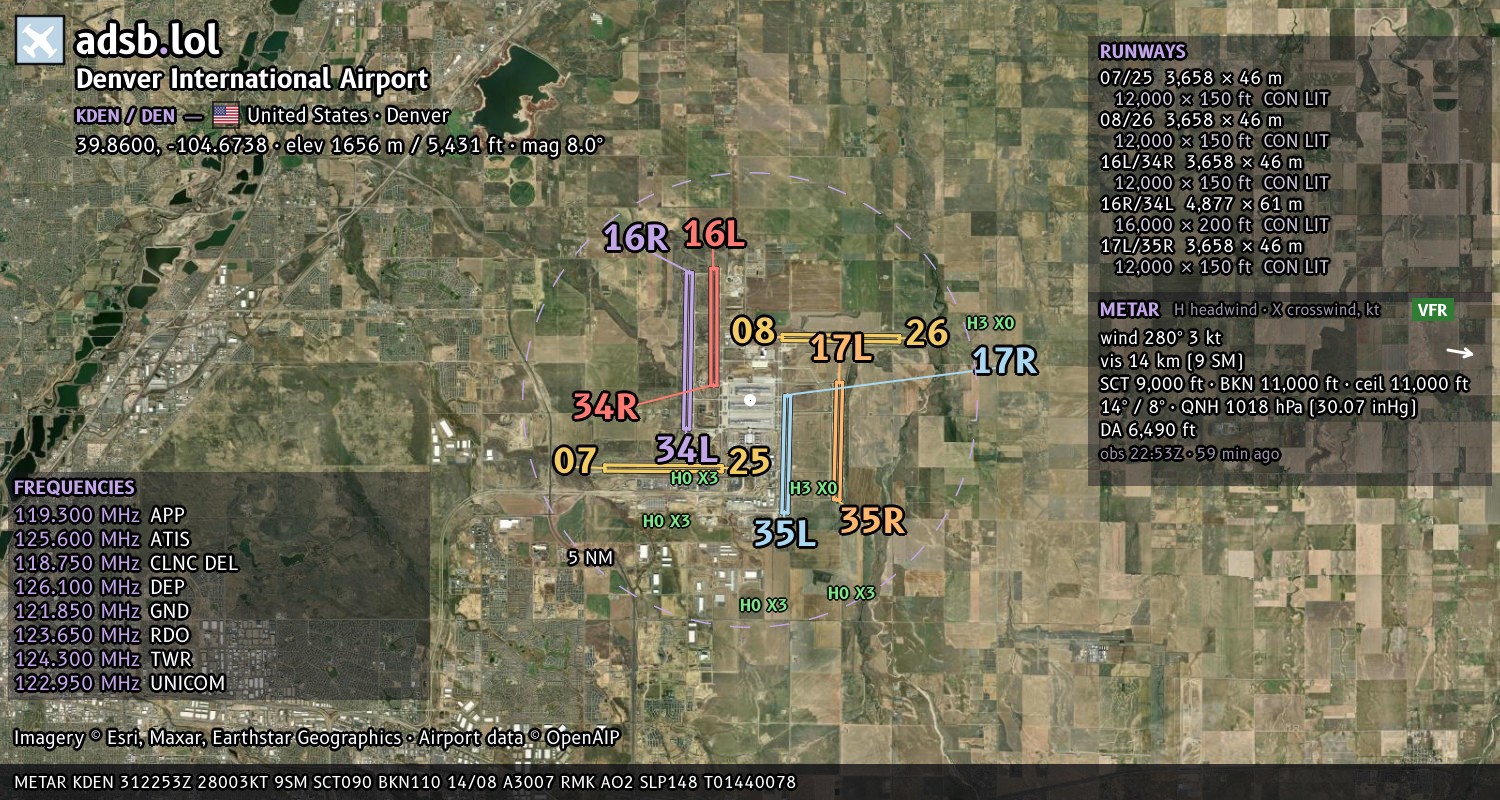 Satellite map with the runway layout of Denver International Airport (KDEN)