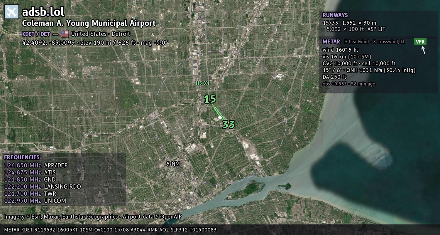 Satellite map with the runway layout of Coleman A. Young Municipal Airport (KDET)