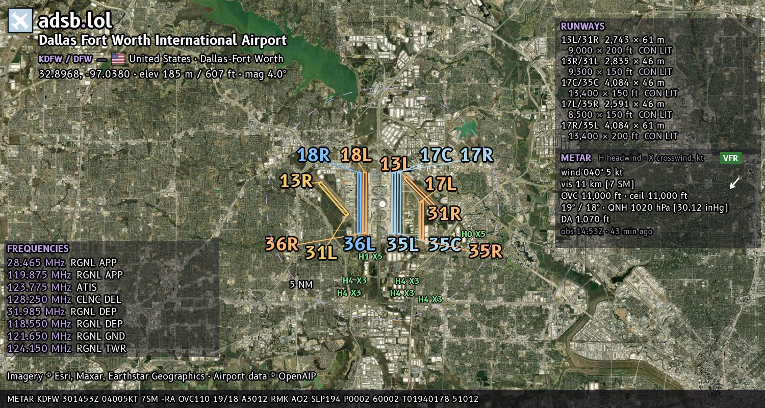Satellite map with the runway layout of Dallas Fort Worth International Airport (KDFW)