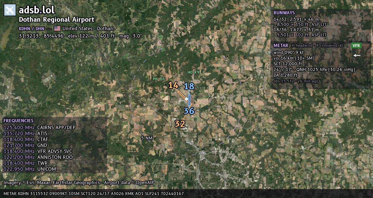 Satellite map with the runway layout of Dothan Regional Airport (KDHN)