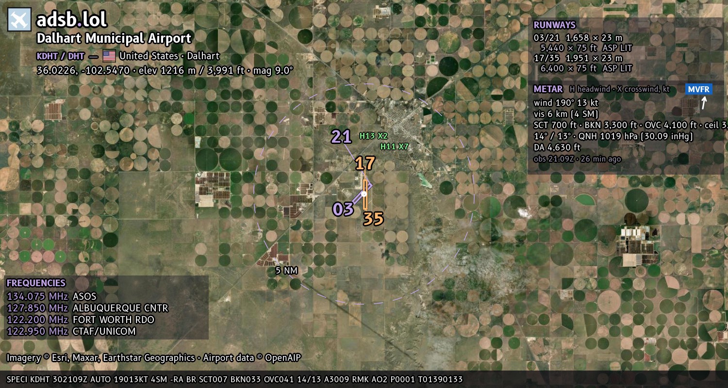 Satellite map with the runway layout of Dalhart Municipal Airport (KDHT)