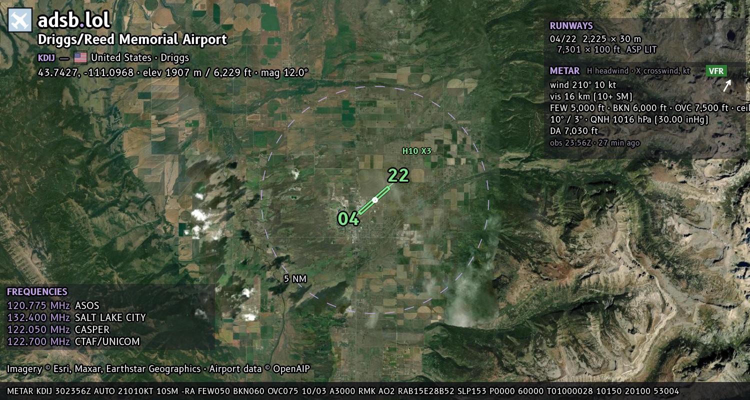 Satellite map with the runway layout of Driggs/Reed Memorial Airport (KDIJ)