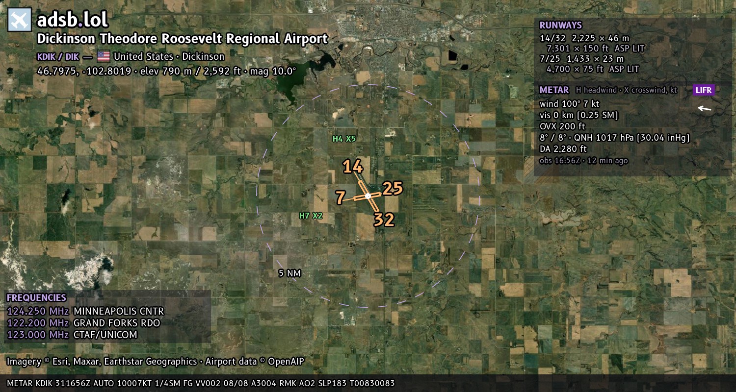 Satellite map with the runway layout of Dickinson Theodore Roosevelt Regional Airport (KDIK)