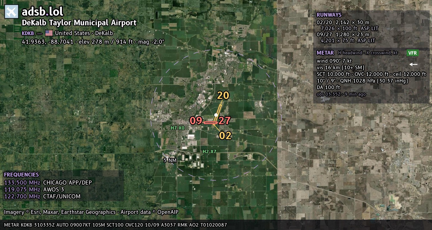 Satellite map with the runway layout of DeKalb Taylor Municipal Airport (KDKB)