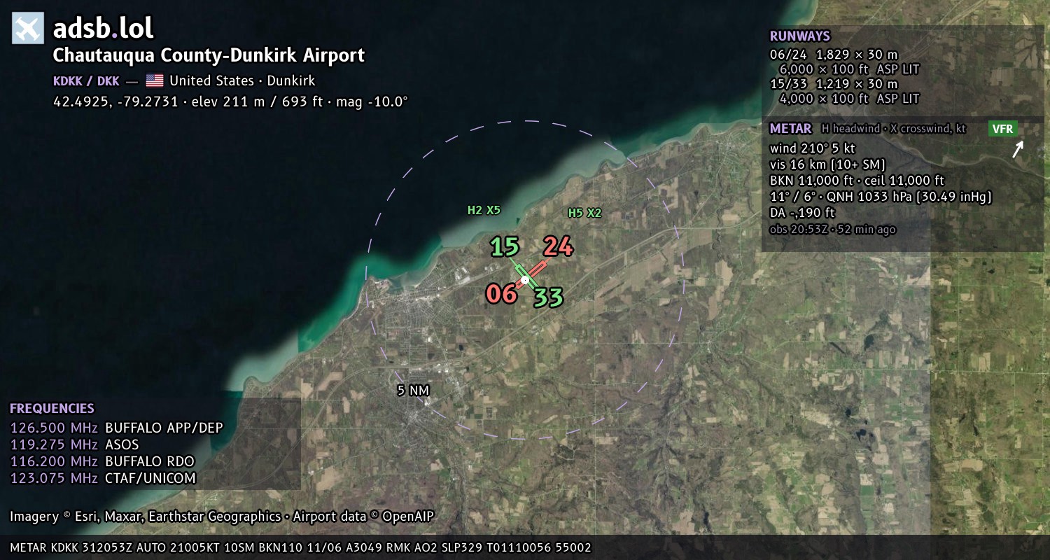 Satellite map with the runway layout of Chautauqua County-Dunkirk Airport (KDKK)