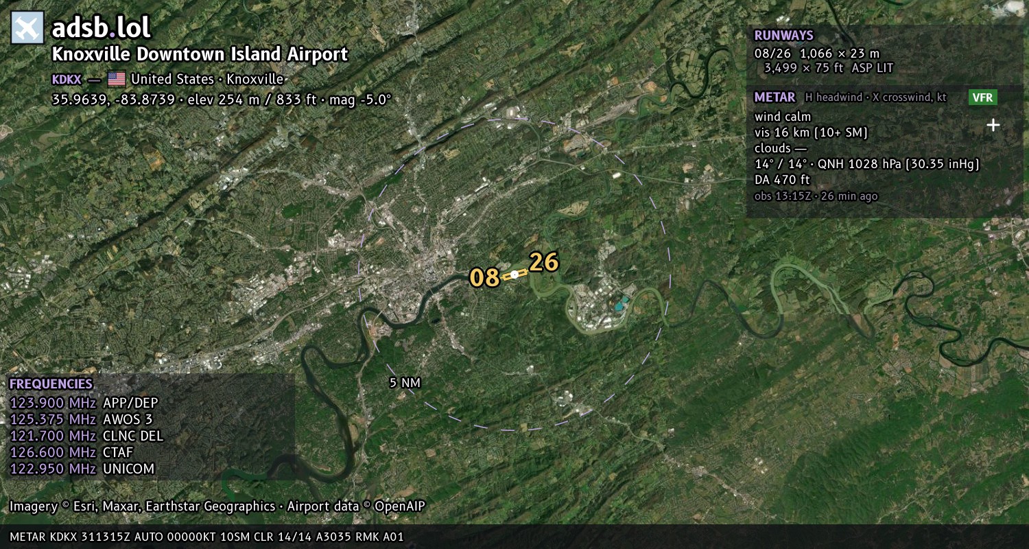 Satellite map with the runway layout of Knoxville Downtown Island Airport (KDKX)