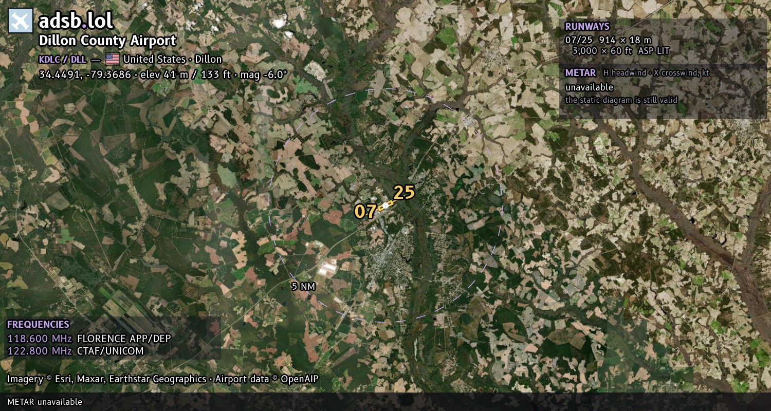 Satellite map with the runway layout of Dillon County Airport (KDLC)