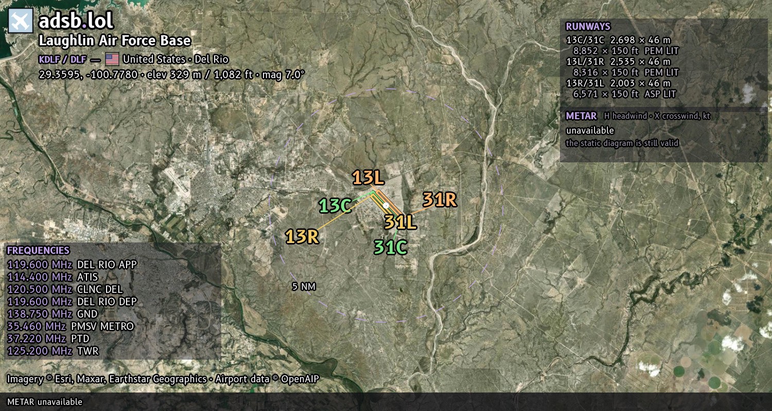 Satellite map with the runway layout of Laughlin Air Force Base (KDLF)
