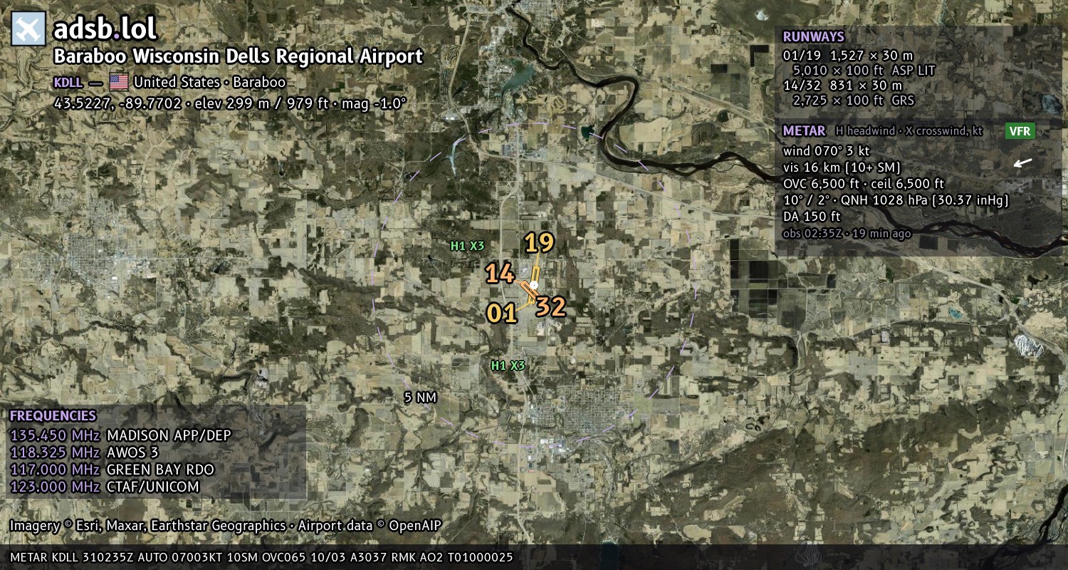 Satellite map with the runway layout of Baraboo Wisconsin Dells Regional Airport (KDLL)