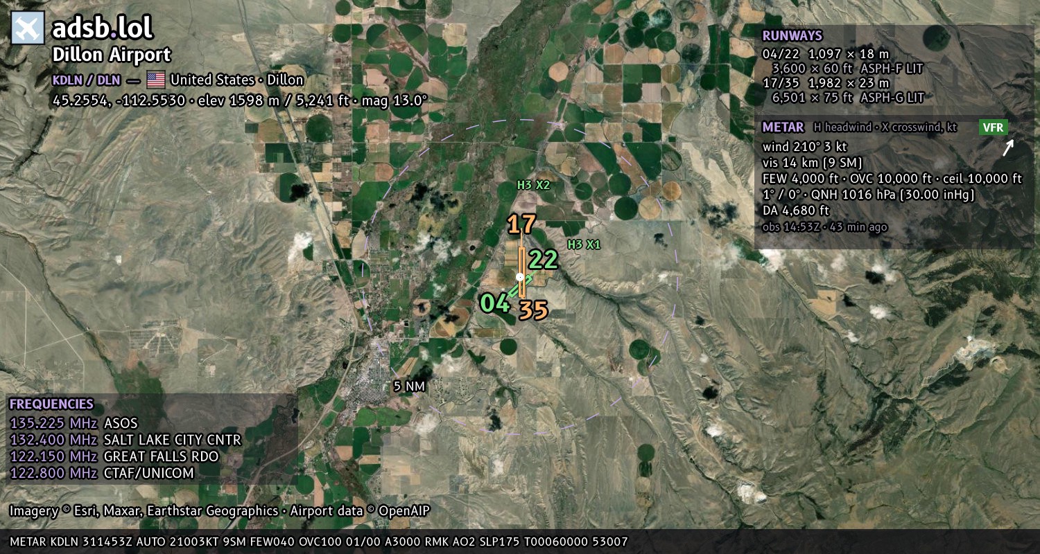 Satellite map with the runway layout of Dillon Airport (KDLN)