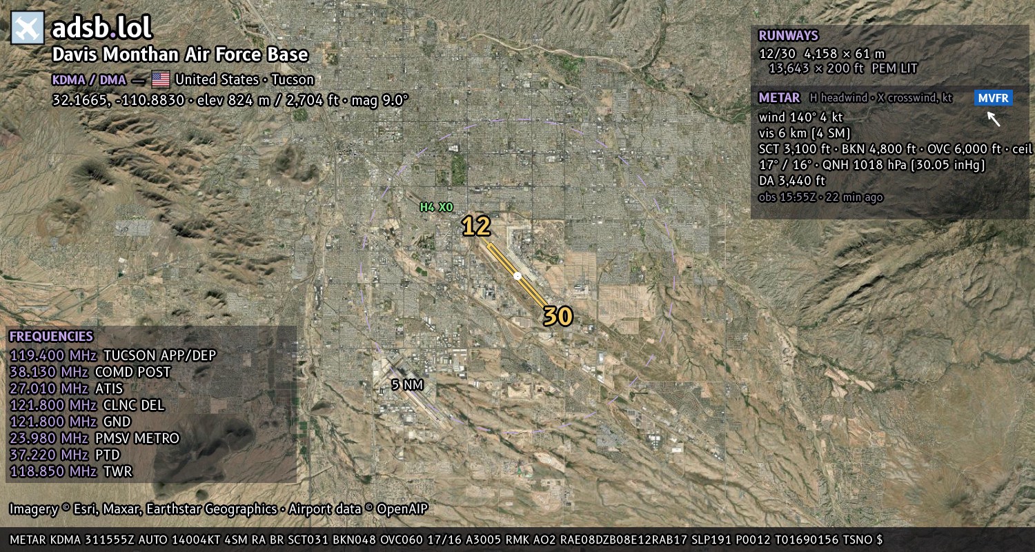 Satellite map with the runway layout of Davis Monthan Air Force Base (KDMA)