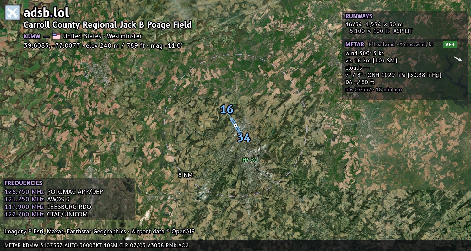 Satellite map with the runway layout of Carroll County Regional Jack B Poage Field (KDMW)