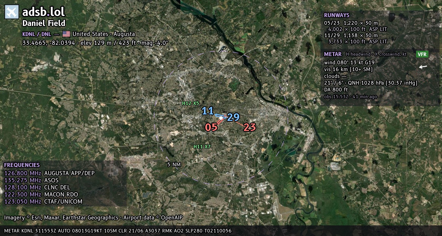 Satellite map with the runway layout of Daniel Field (KDNL)