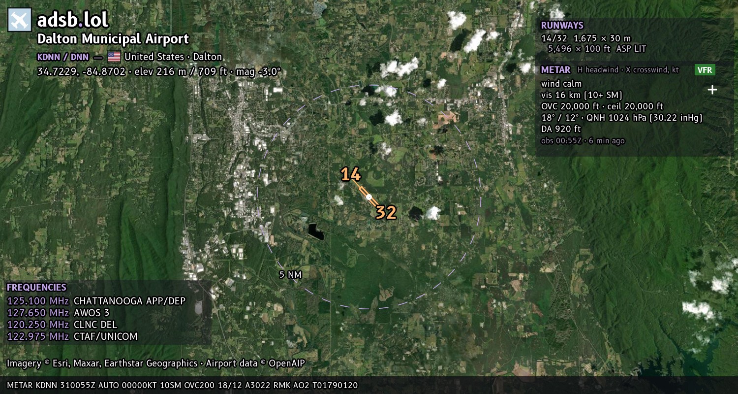 Satellite map with the runway layout of Dalton Municipal Airport (KDNN)