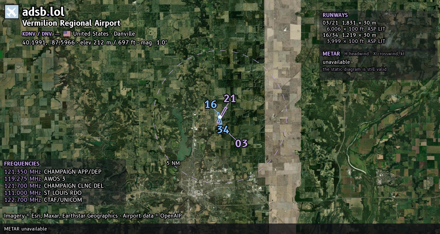 Satellite map with the runway layout of Vermilion Regional Airport (KDNV)