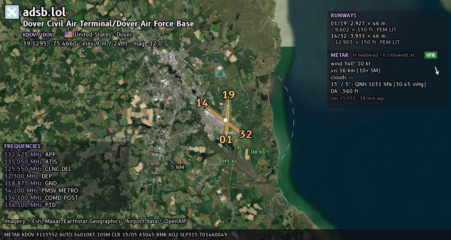 Satellite map with the runway layout of Dover Civil Air Terminal/Dover Air Force Base (KDOV)