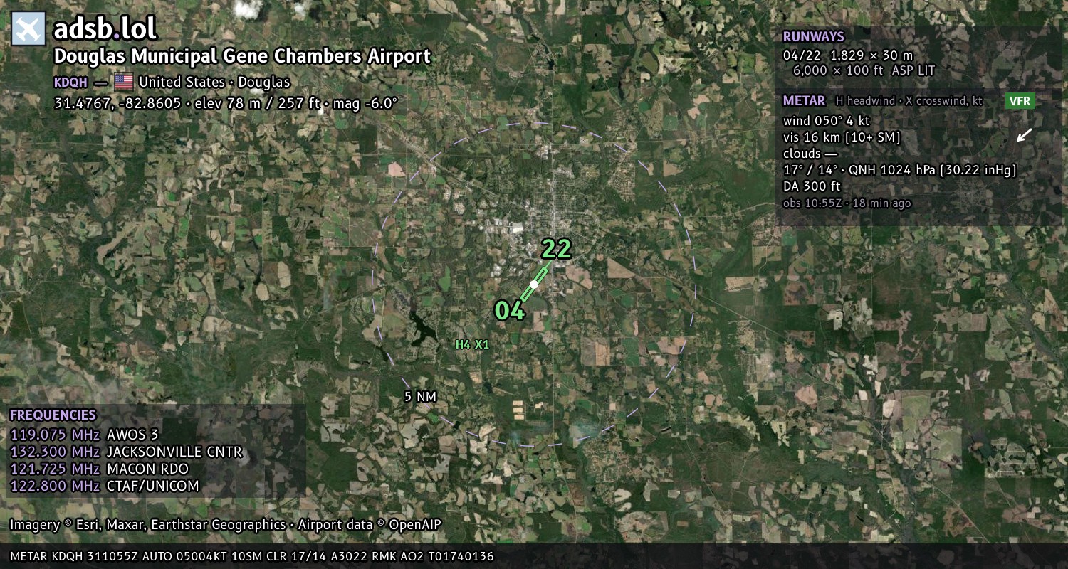 Satellite map with the runway layout of Douglas Municipal Gene Chambers Airport (KDQH)