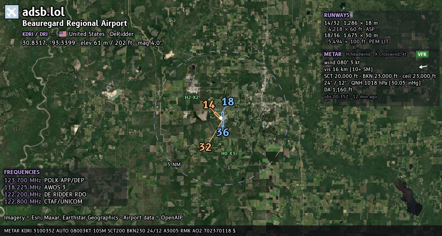 Satellite map with the runway layout of Beauregard Regional Airport (KDRI)