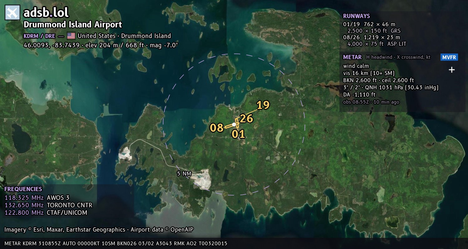 Satellite map with the runway layout of Drummond Island Airport (KDRM)