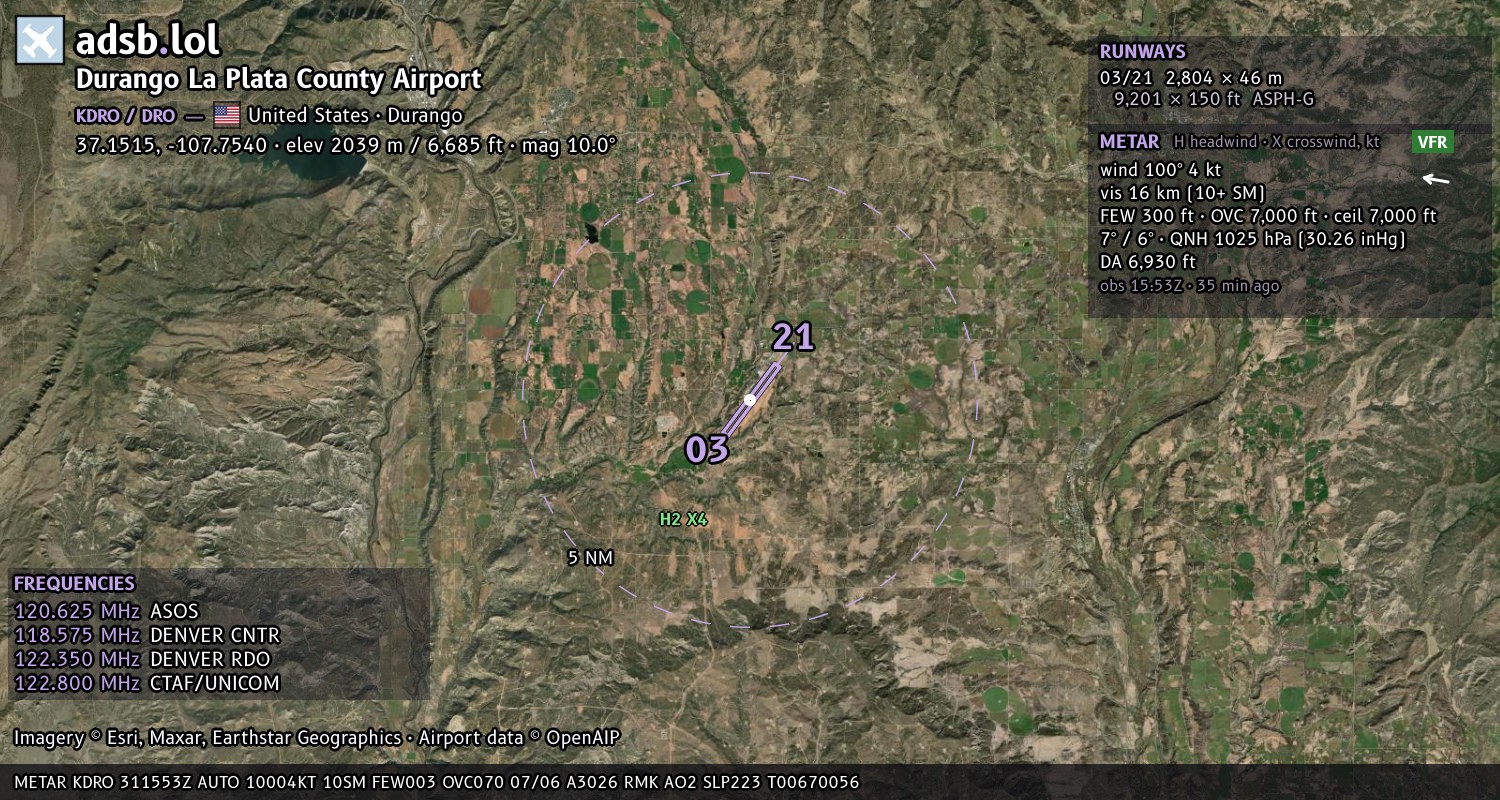 Satellite map with the runway layout of Durango La Plata County Airport (KDRO)