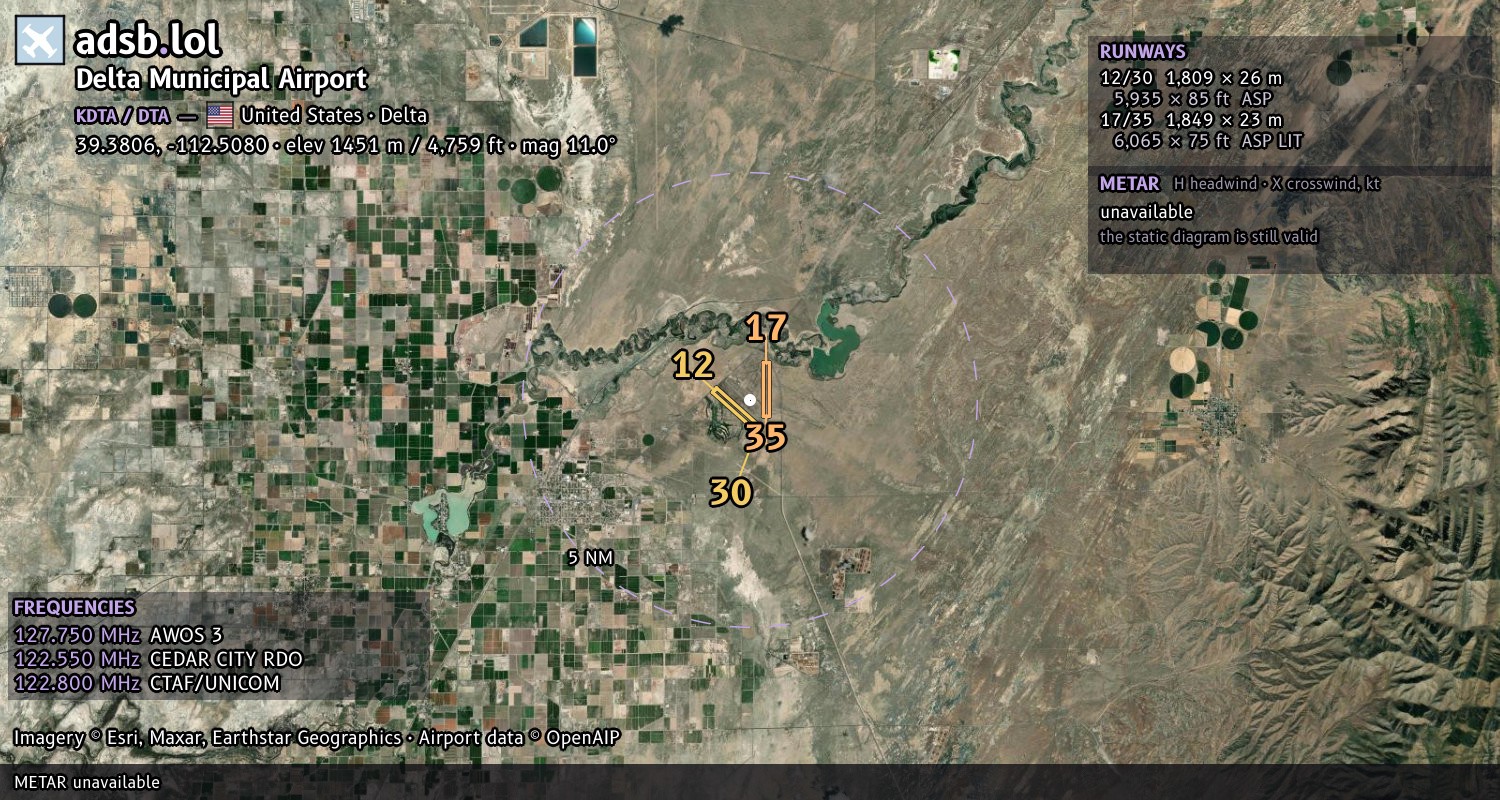 Satellite map with the runway layout of Delta Municipal Airport (KDTA)