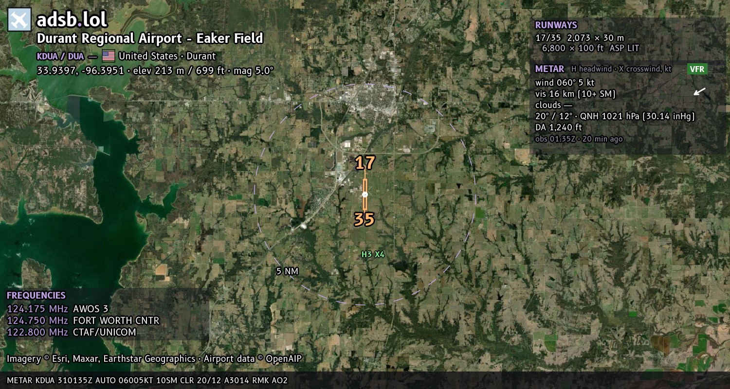 Satellite map with the runway layout of Durant Regional Airport - Eaker Field (KDUA)