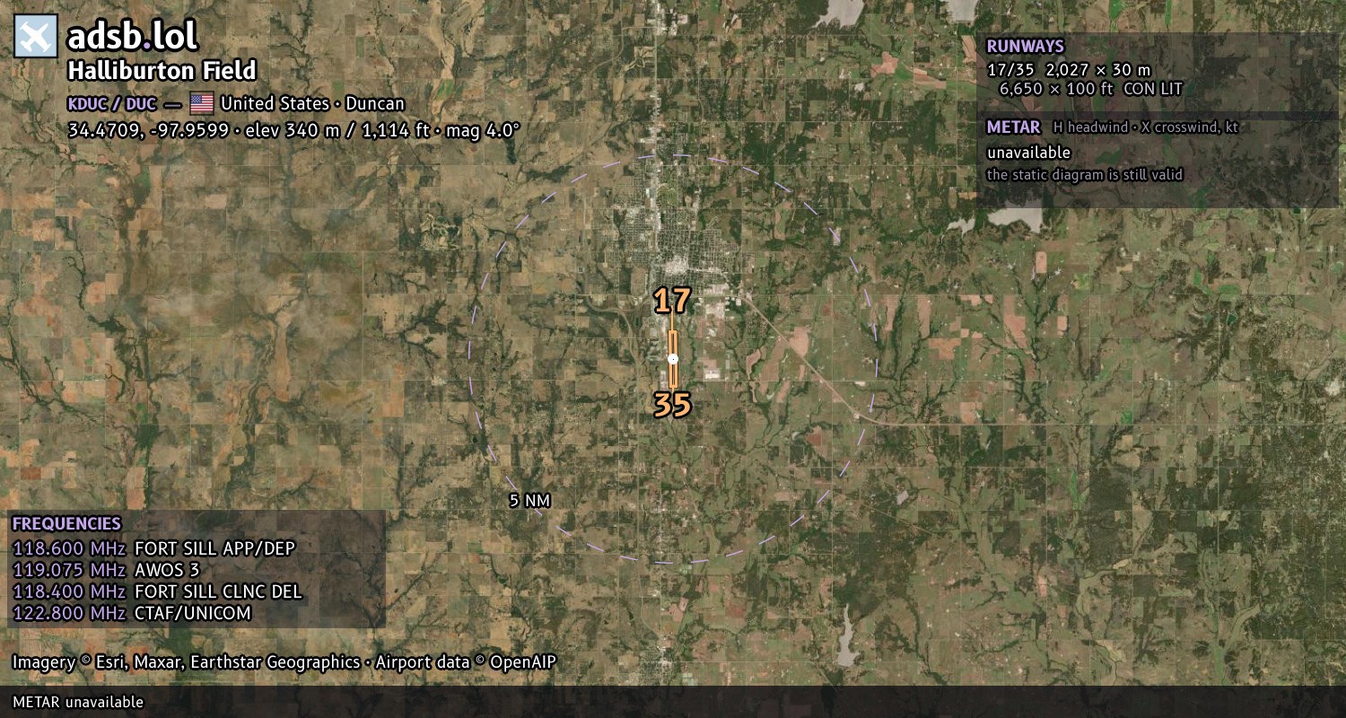 Satellite map with the runway layout of Halliburton Field (KDUC)
