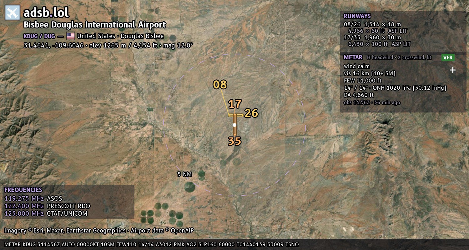 Satellite map with the runway layout of Bisbee Douglas International Airport (KDUG)