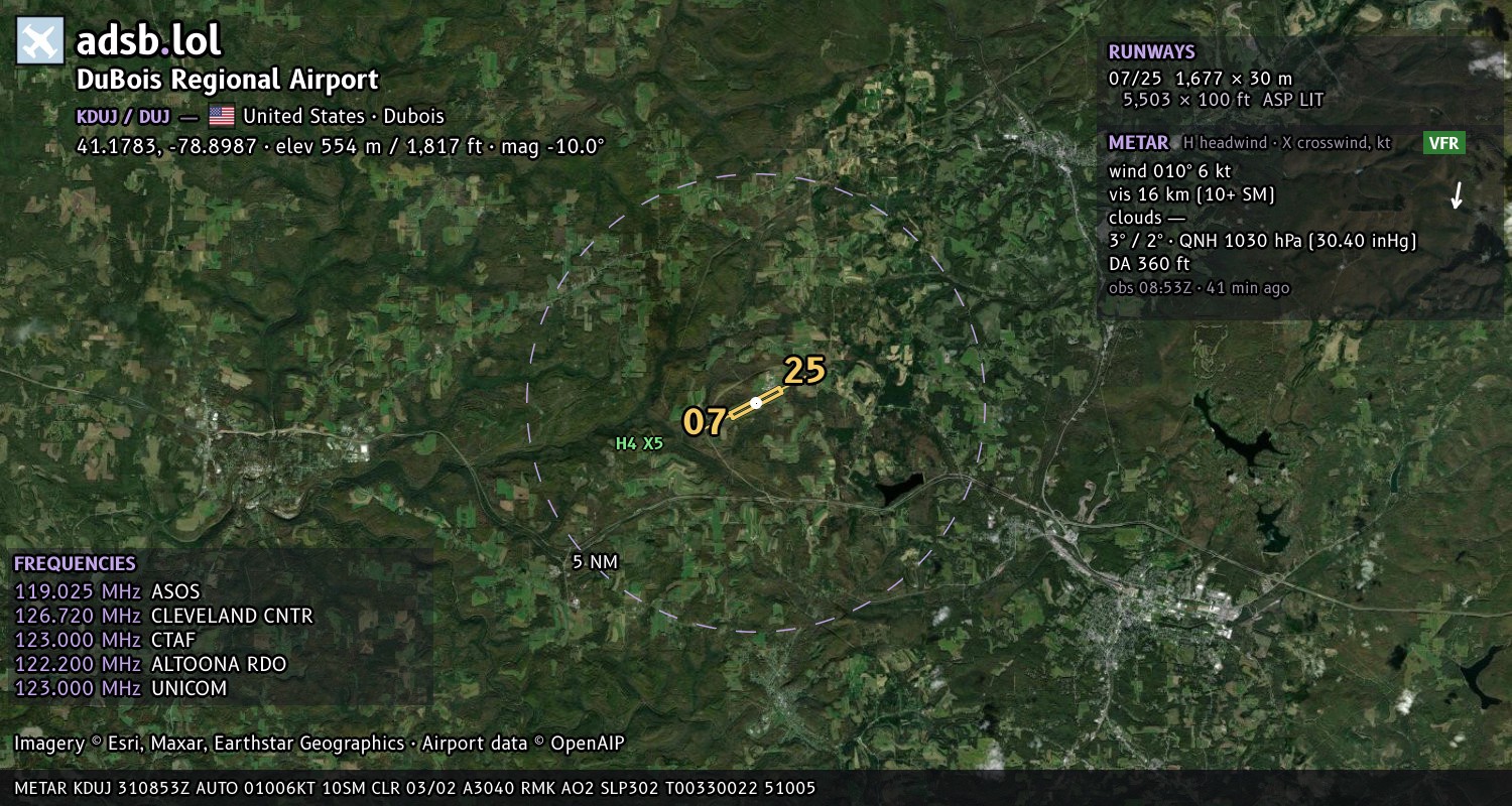 Satellite map with the runway layout of DuBois Regional Airport (KDUJ)