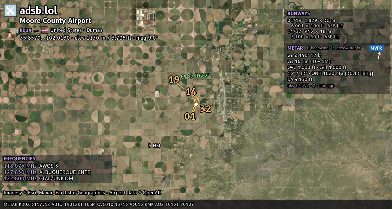 Satellite map with the runway layout of Moore County Airport (KDUX)