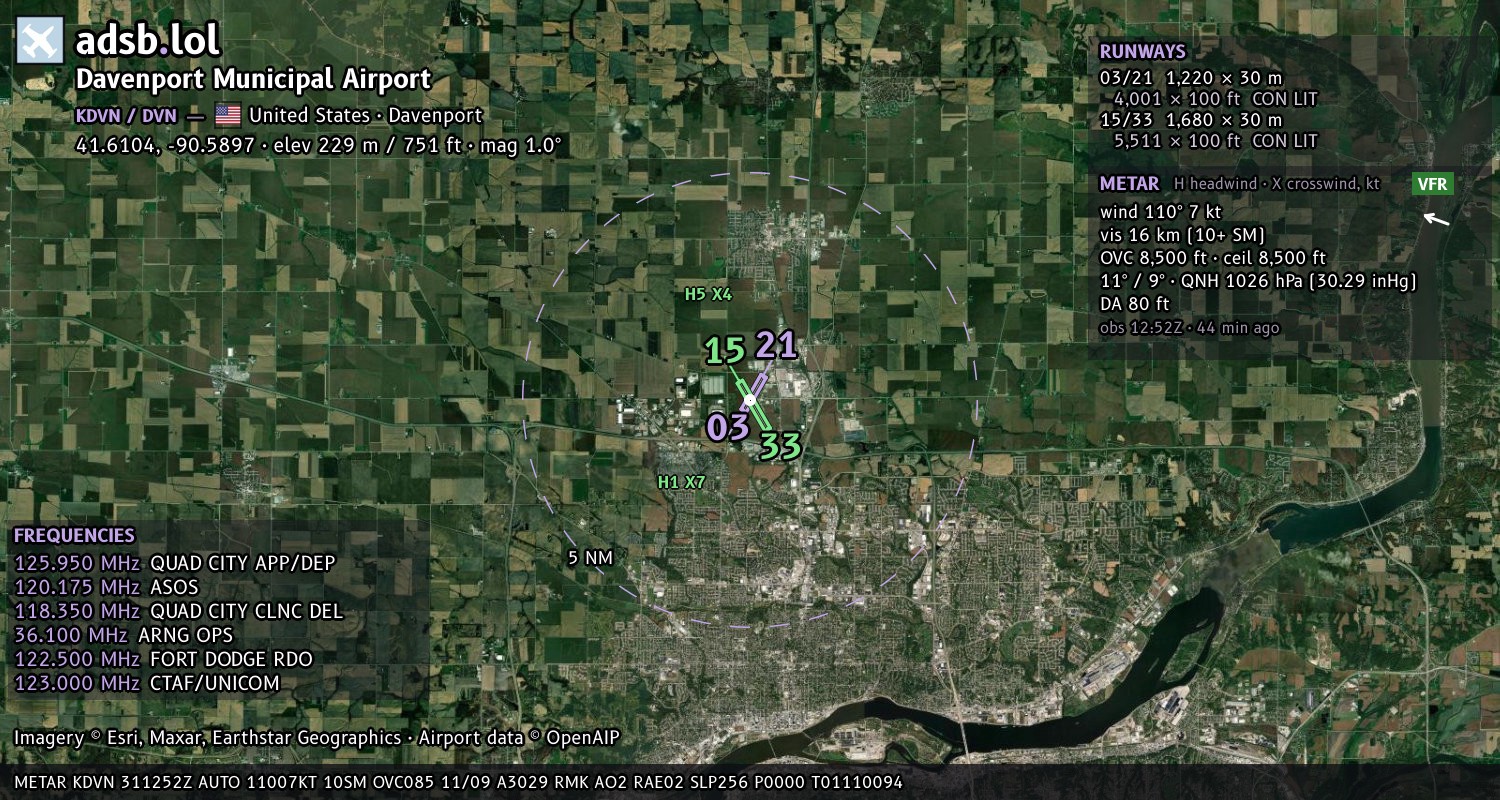 Satellite map with the runway layout of Davenport Municipal Airport (KDVN)