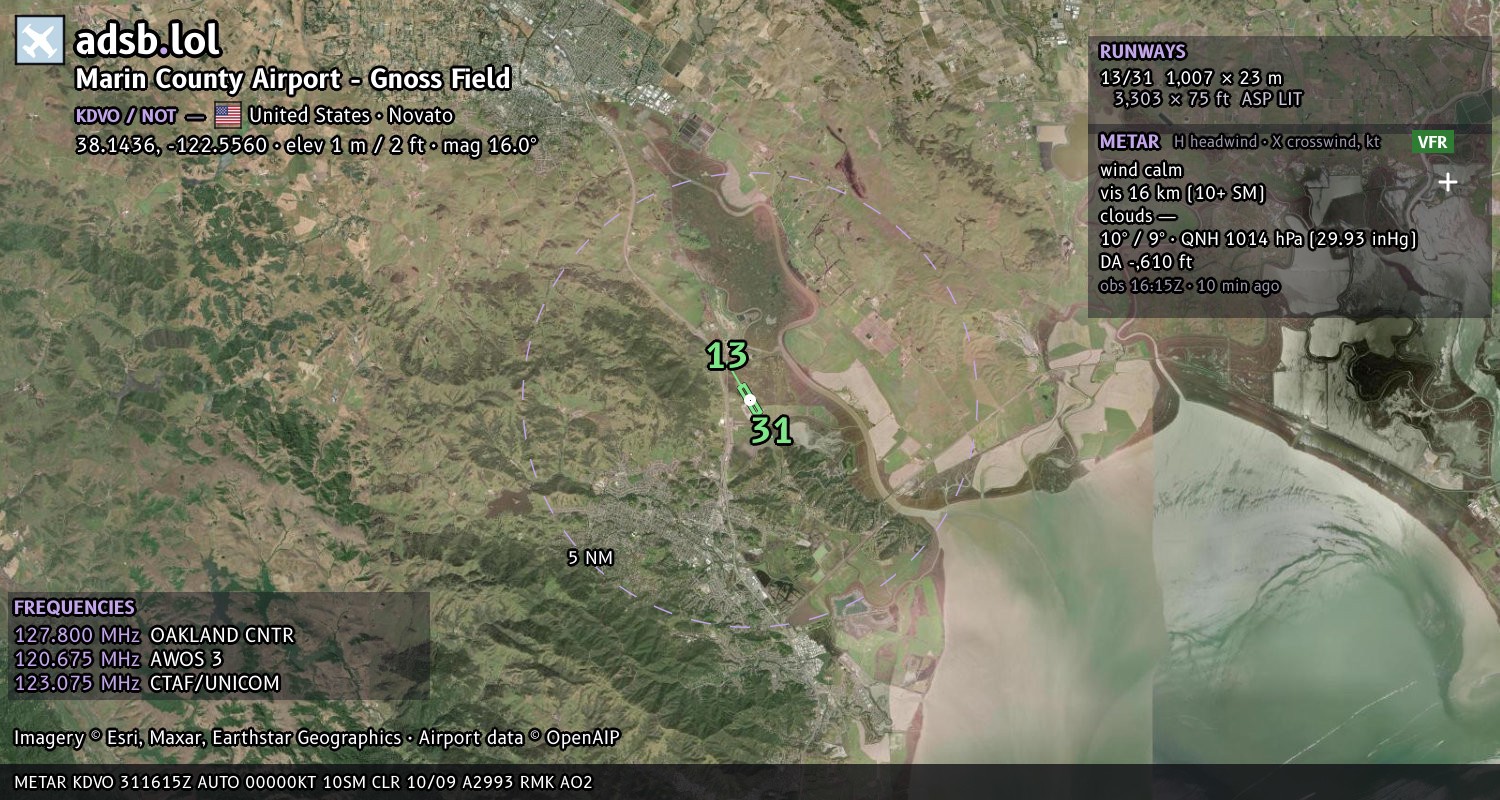 Satellite map with the runway layout of Marin County Airport - Gnoss Field (KDVO)