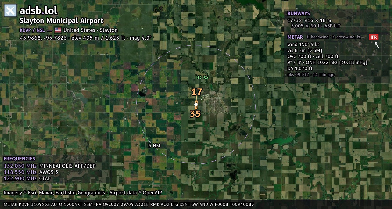 Satellite map with the runway layout of Slayton Municipal Airport (KDVP)